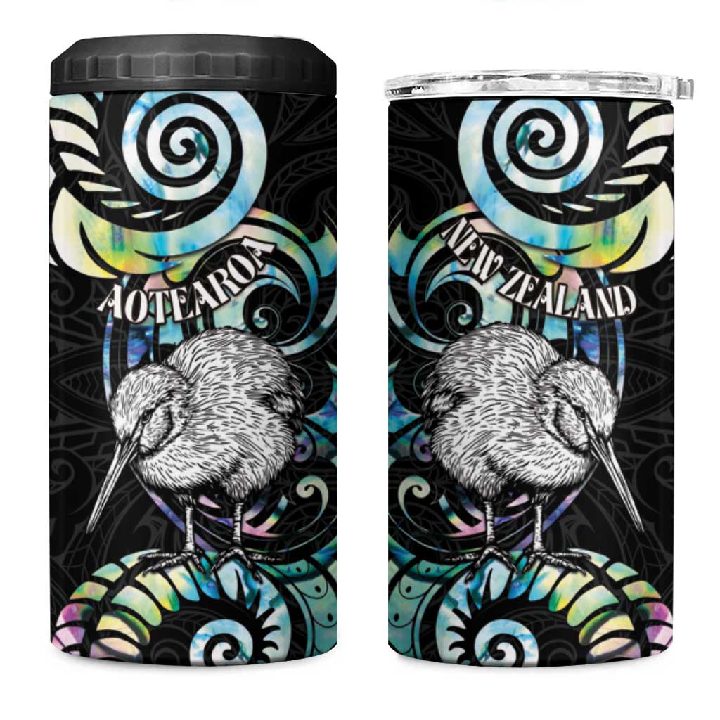 New Zealand Kiwi Bird 4 in 1 Can Cooler Tumbler Silver Fern Koru Paua Shell DT04 One Size: 16 oz Black - Polynesian Pride