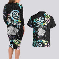 New Zealand Kiwi Bird Couples Matching Long Sleeve Bodycon Dress and Hawaiian Shirt Silver Fern Koru Paua Shell DT04 - Polynesian Pride