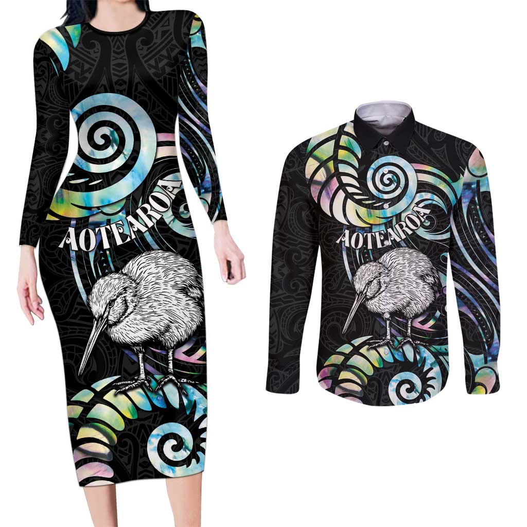 New Zealand Kiwi Bird Couples Matching Long Sleeve Bodycon Dress and Long Sleeve Button Shirt Silver Fern Koru Paua Shell DT04 Black - Polynesian Pride