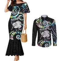 New Zealand Kiwi Bird Couples Matching Mermaid Dress and Long Sleeve Button Shirt Silver Fern Koru Paua Shell DT04 Black - Polynesian Pride