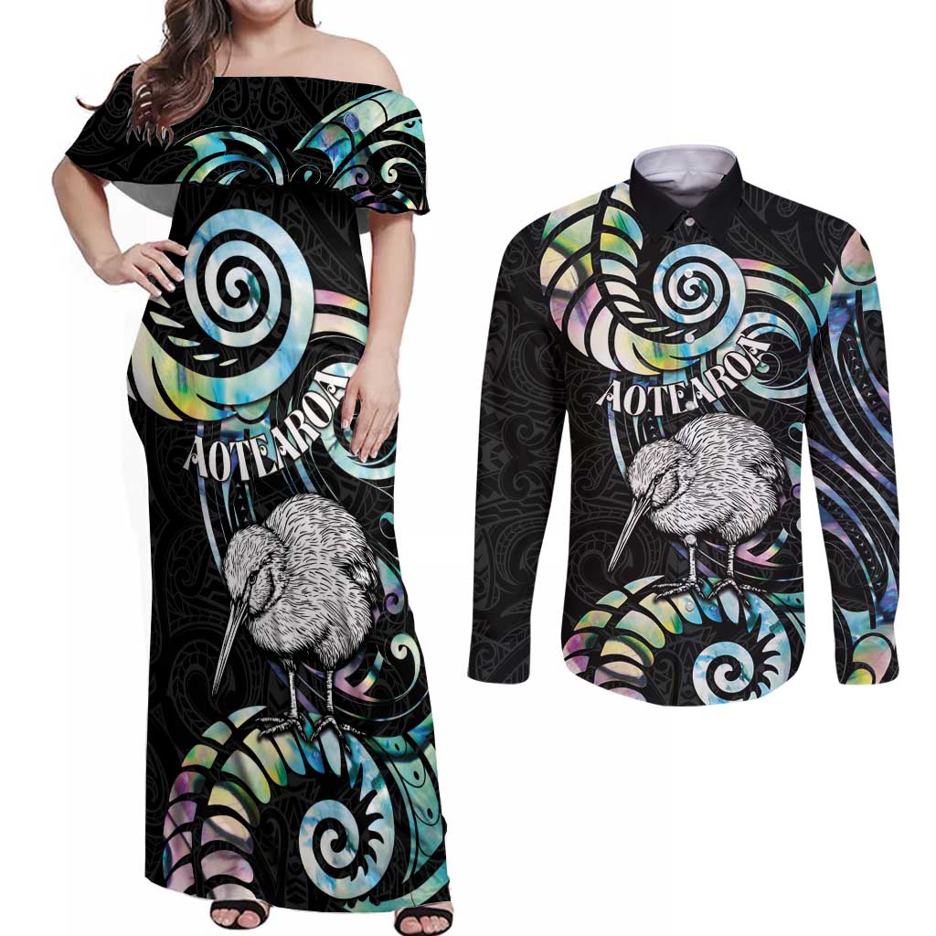New Zealand Kiwi Bird Couples Matching Off Shoulder Maxi Dress and Long Sleeve Button Shirt Silver Fern Koru Paua Shell DT04 Black - Polynesian Pride