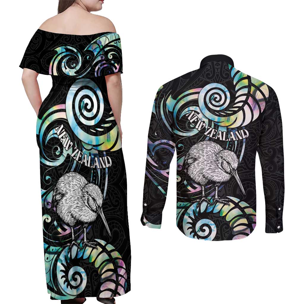 New Zealand Kiwi Bird Couples Matching Off Shoulder Maxi Dress and Long Sleeve Button Shirt Silver Fern Koru Paua Shell DT04 - Polynesian Pride