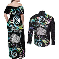 New Zealand Kiwi Bird Couples Matching Off Shoulder Maxi Dress and Long Sleeve Button Shirt Silver Fern Koru Paua Shell DT04 - Polynesian Pride