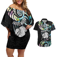 New Zealand Kiwi Bird Couples Matching Off Shoulder Short Dress and Hawaiian Shirt Silver Fern Koru Paua Shell DT04 Black - Polynesian Pride