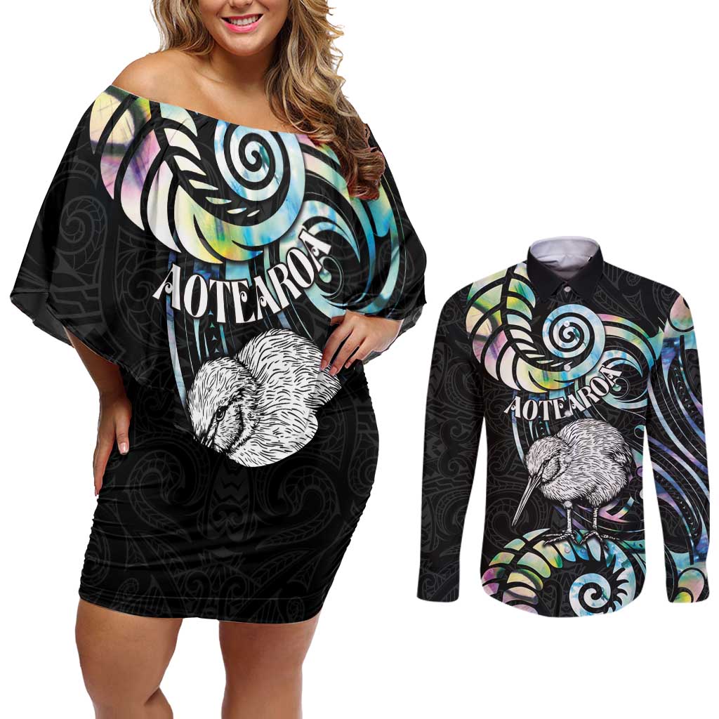 New Zealand Kiwi Bird Couples Matching Off Shoulder Short Dress and Long Sleeve Button Shirt Silver Fern Koru Paua Shell DT04 Black - Polynesian Pride