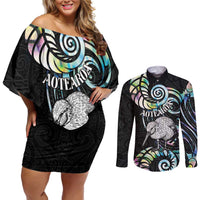 New Zealand Kiwi Bird Couples Matching Off Shoulder Short Dress and Long Sleeve Button Shirt Silver Fern Koru Paua Shell DT04 Black - Polynesian Pride