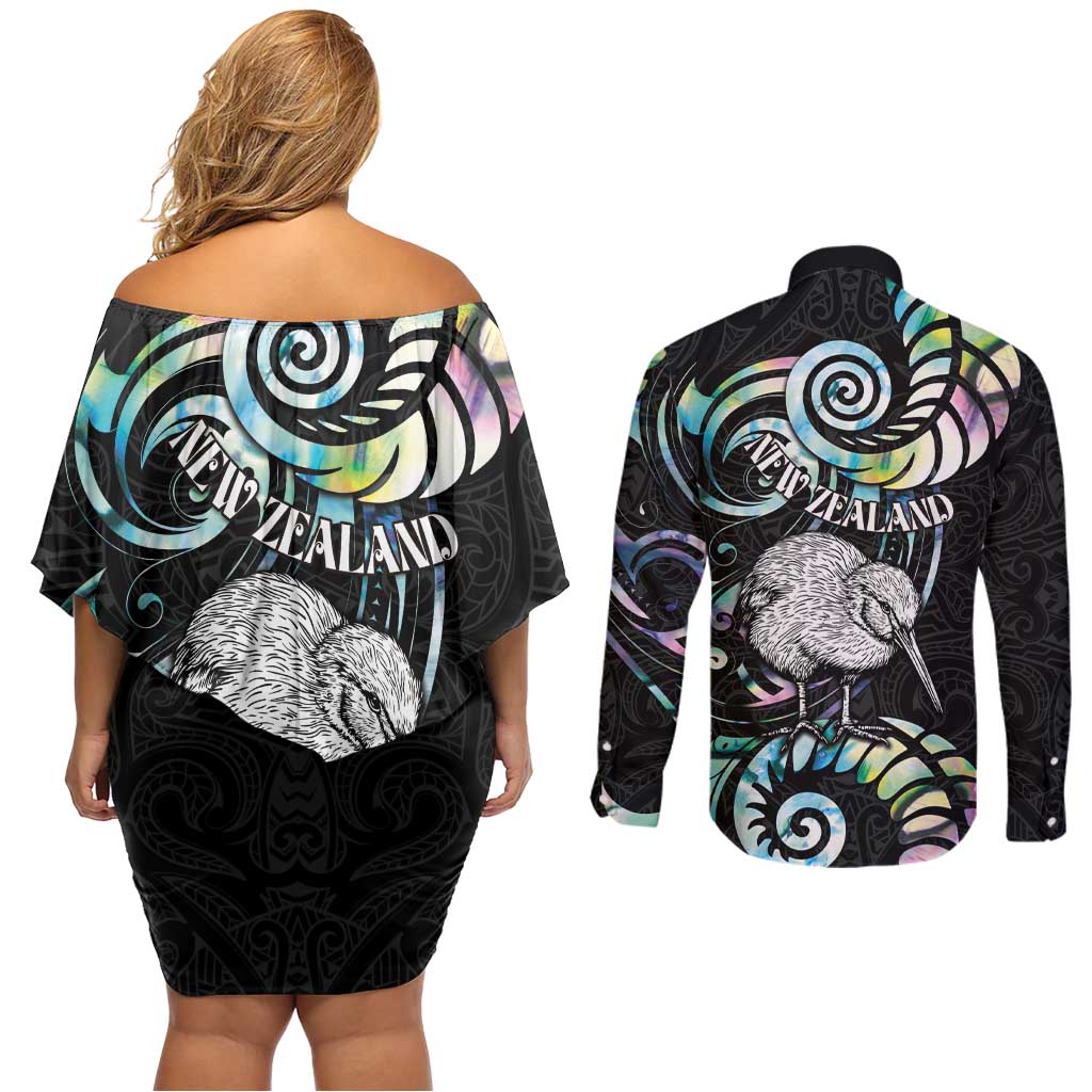 New Zealand Kiwi Bird Couples Matching Off Shoulder Short Dress and Long Sleeve Button Shirt Silver Fern Koru Paua Shell DT04 - Polynesian Pride