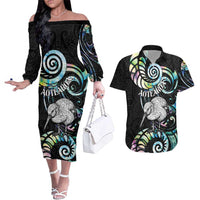 New Zealand Kiwi Bird Couples Matching Off The Shoulder Long Sleeve Dress and Hawaiian Shirt Silver Fern Koru Paua Shell DT04 Black - Polynesian Pride