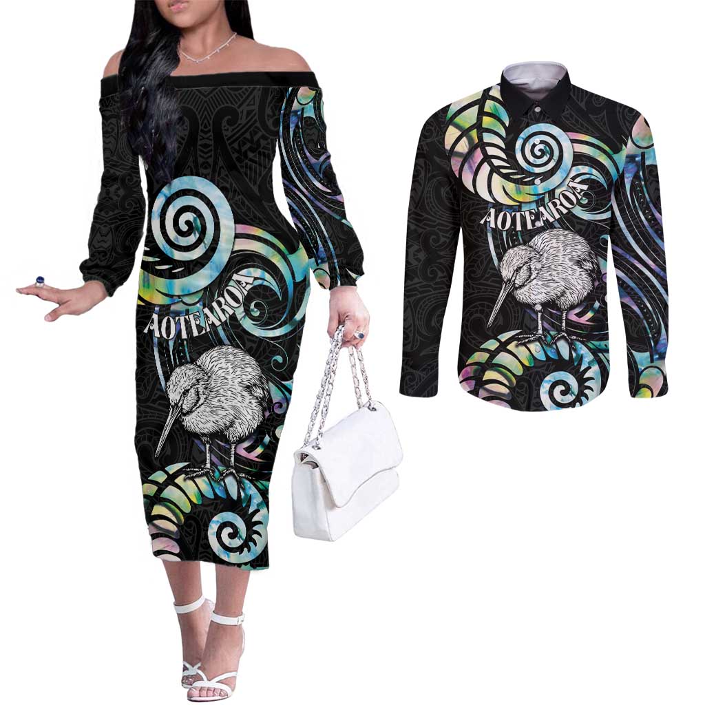 New Zealand Kiwi Bird Couples Matching Off The Shoulder Long Sleeve Dress and Long Sleeve Button Shirt Silver Fern Koru Paua Shell DT04 Black - Polynesian Pride