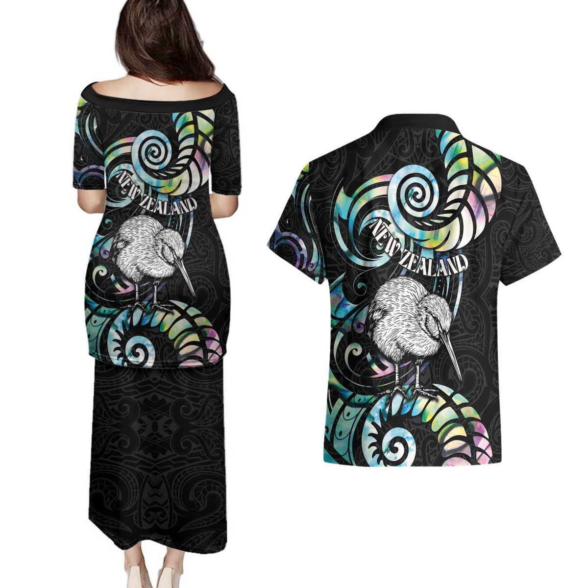 New Zealand Kiwi Bird Couples Matching Puletasi and Hawaiian Shirt Silver Fern Koru Paua Shell DT04 - Polynesian Pride