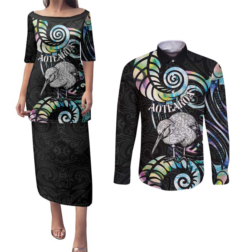 New Zealand Kiwi Bird Couples Matching Puletasi and Long Sleeve Button Shirt Silver Fern Koru Paua Shell DT04 Black - Polynesian Pride
