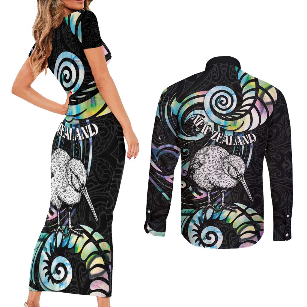 New Zealand Kiwi Bird Couples Matching Short Sleeve Bodycon Dress and Long Sleeve Button Shirt Silver Fern Koru Paua Shell DT04 - Polynesian Pride
