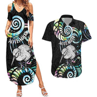 New Zealand Kiwi Bird Couples Matching Summer Maxi Dress and Hawaiian Shirt Silver Fern Koru Paua Shell DT04 Black - Polynesian Pride