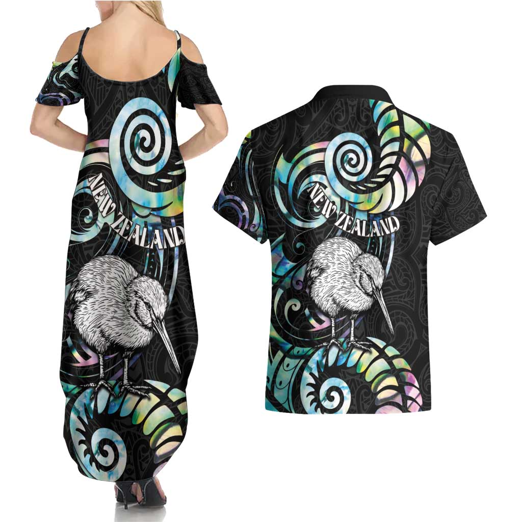 New Zealand Kiwi Bird Couples Matching Summer Maxi Dress and Hawaiian Shirt Silver Fern Koru Paua Shell DT04 - Polynesian Pride