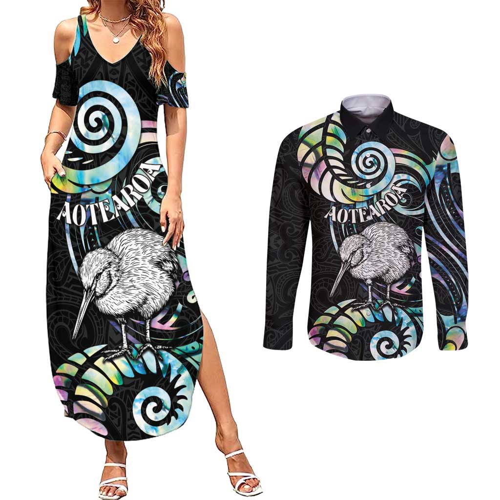 New Zealand Kiwi Bird Couples Matching Summer Maxi Dress and Long Sleeve Button Shirt Silver Fern Koru Paua Shell DT04 Black - Polynesian Pride