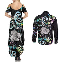 New Zealand Kiwi Bird Couples Matching Summer Maxi Dress and Long Sleeve Button Shirt Silver Fern Koru Paua Shell DT04 - Polynesian Pride