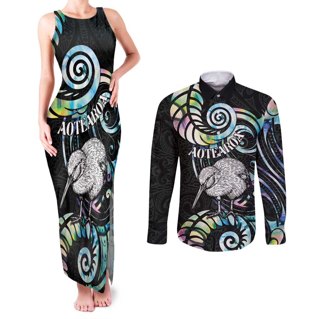 New Zealand Kiwi Bird Couples Matching Tank Maxi Dress and Long Sleeve Button Shirt Silver Fern Koru Paua Shell DT04 Black - Polynesian Pride