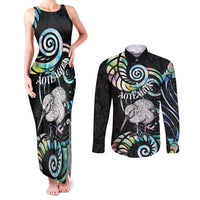 New Zealand Kiwi Bird Couples Matching Tank Maxi Dress and Long Sleeve Button Shirt Silver Fern Koru Paua Shell DT04 Black - Polynesian Pride
