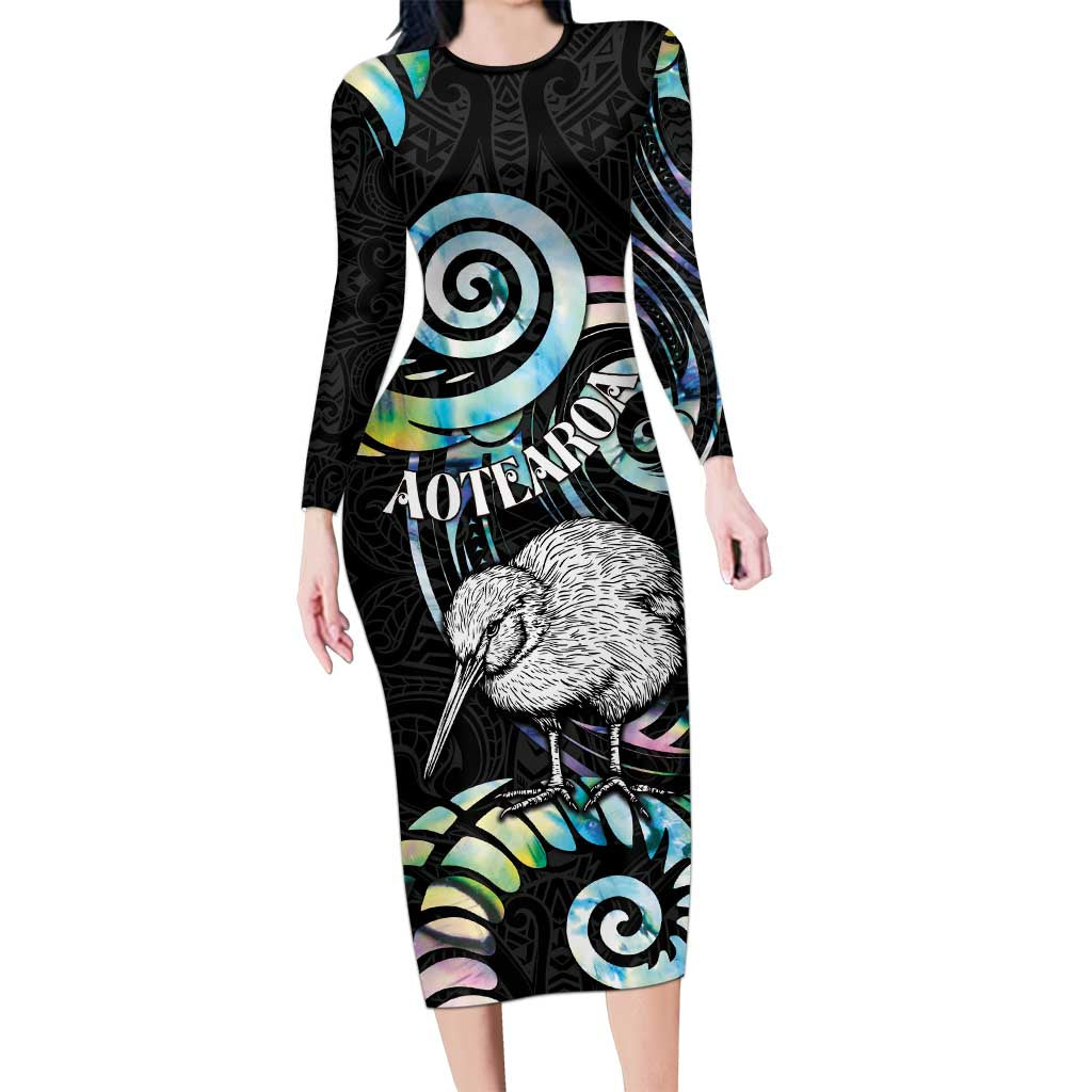 New Zealand Kiwi Bird Family Matching Long Sleeve Bodycon Dress and Hawaiian Shirt Silver Fern Koru Paua Shell DT04 Mom's Dress Black - Polynesian Pride