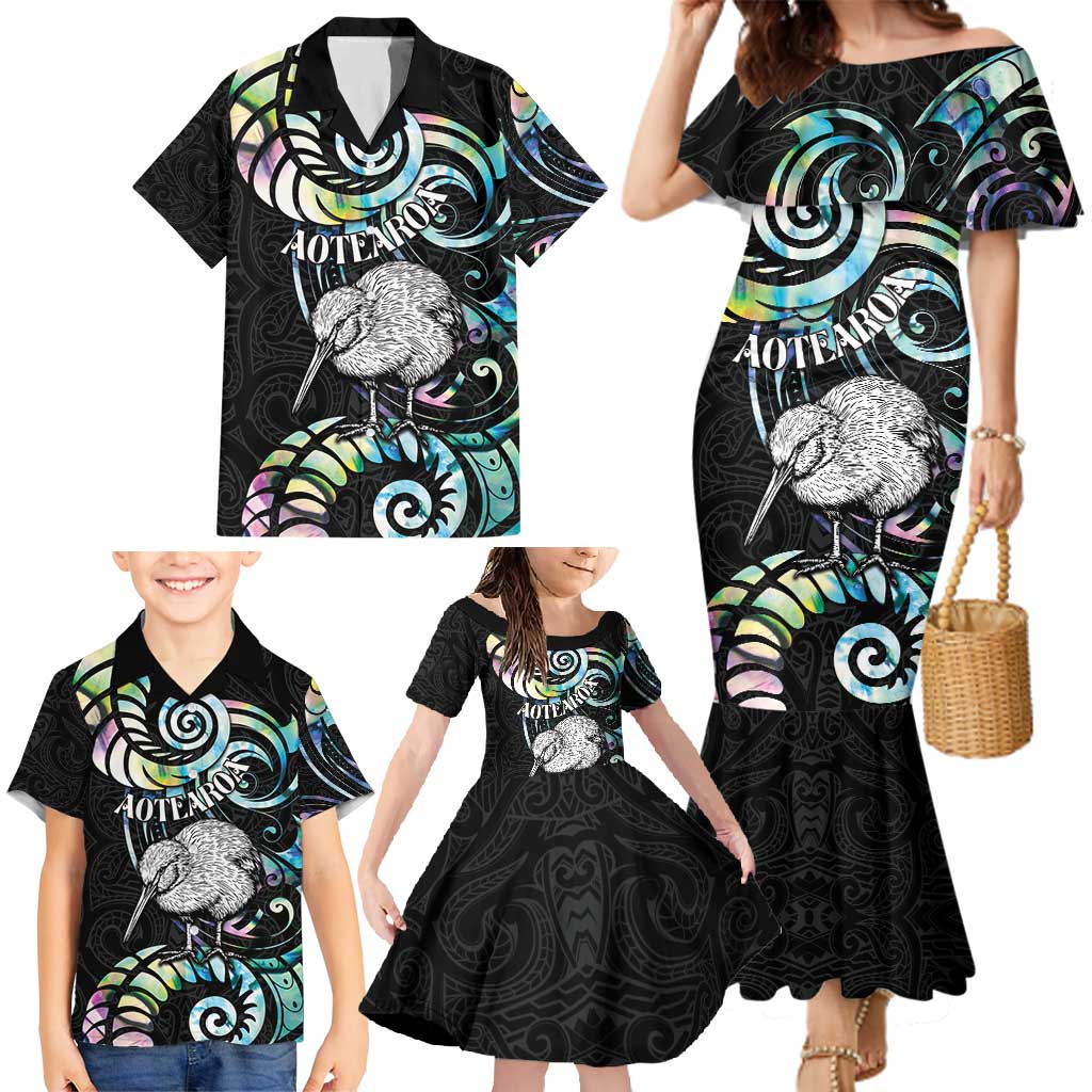 New Zealand Kiwi Bird Family Matching Mermaid Dress and Hawaiian Shirt Silver Fern Koru Paua Shell DT04 - Polynesian Pride