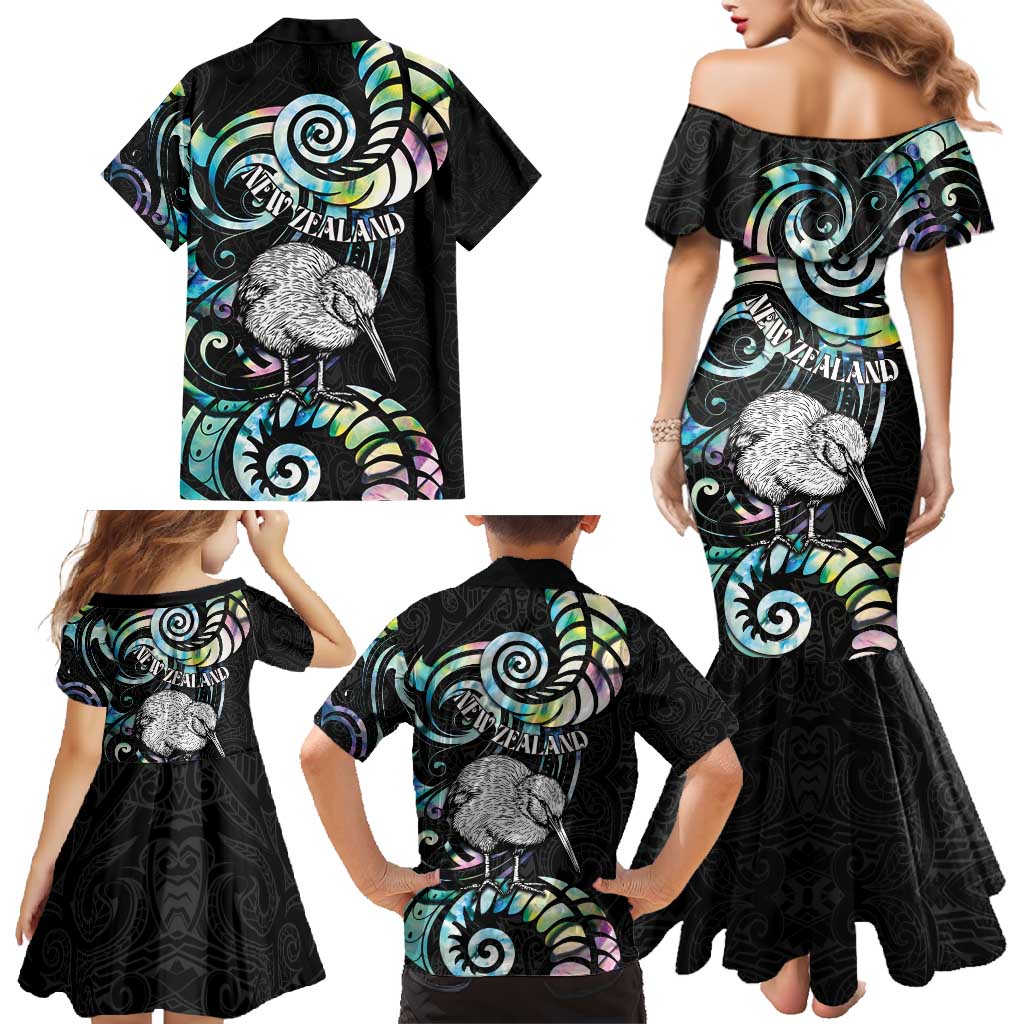 New Zealand Kiwi Bird Family Matching Mermaid Dress and Hawaiian Shirt Silver Fern Koru Paua Shell DT04 - Polynesian Pride