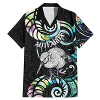 New Zealand Kiwi Bird Family Matching Mermaid Dress and Hawaiian Shirt Silver Fern Koru Paua Shell DT04 Dad's Shirt - Short Sleeve Black - Polynesian Pride