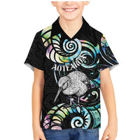 New Zealand Kiwi Bird Family Matching Mermaid Dress and Hawaiian Shirt Silver Fern Koru Paua Shell DT04 Son's Shirt Black - Polynesian Pride