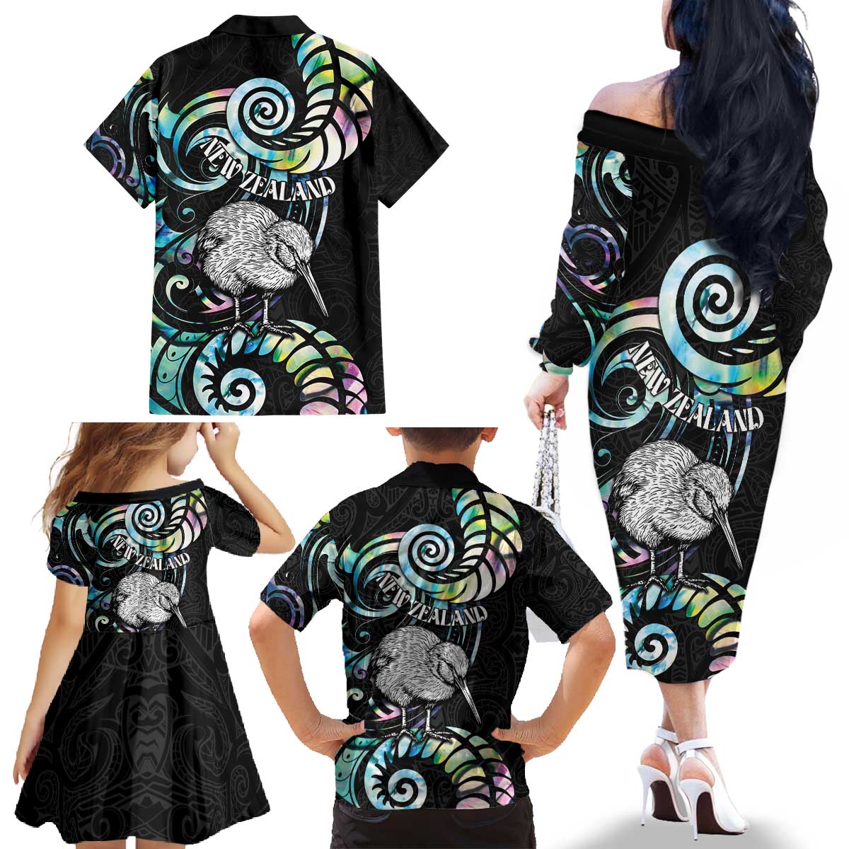 New Zealand Kiwi Bird Family Matching Off The Shoulder Long Sleeve Dress and Hawaiian Shirt Silver Fern Koru Paua Shell DT04 - Polynesian Pride