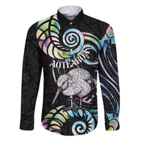 New Zealand Kiwi Bird Family Matching Off The Shoulder Long Sleeve Dress and Hawaiian Shirt Silver Fern Koru Paua Shell DT04 Dad's Shirt - Long Sleeve Black - Polynesian Pride