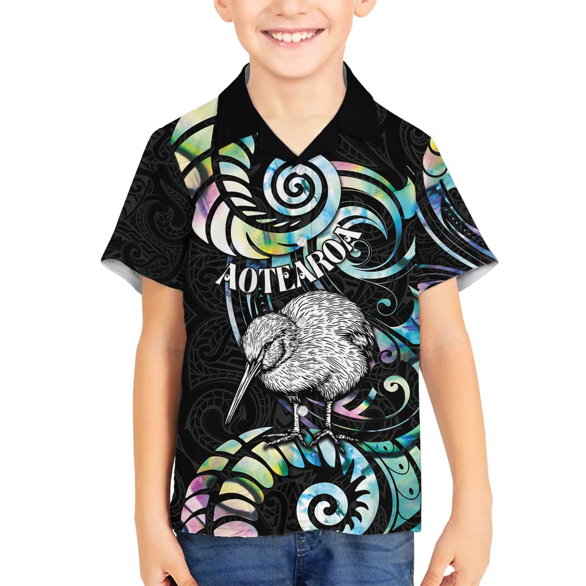 New Zealand Kiwi Bird Family Matching Off The Shoulder Long Sleeve Dress and Hawaiian Shirt Silver Fern Koru Paua Shell DT04 Son's Shirt Black - Polynesian Pride