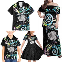 New Zealand Kiwi Bird Family Matching Off Shoulder Maxi Dress and Hawaiian Shirt Silver Fern Koru Paua Shell DT04 - Polynesian Pride