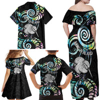 New Zealand Kiwi Bird Family Matching Off Shoulder Maxi Dress and Hawaiian Shirt Silver Fern Koru Paua Shell DT04 - Polynesian Pride