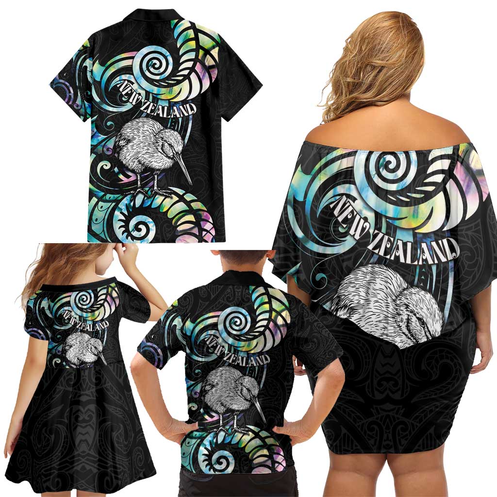 New Zealand Kiwi Bird Family Matching Off Shoulder Short Dress and Hawaiian Shirt Silver Fern Koru Paua Shell DT04 - Polynesian Pride