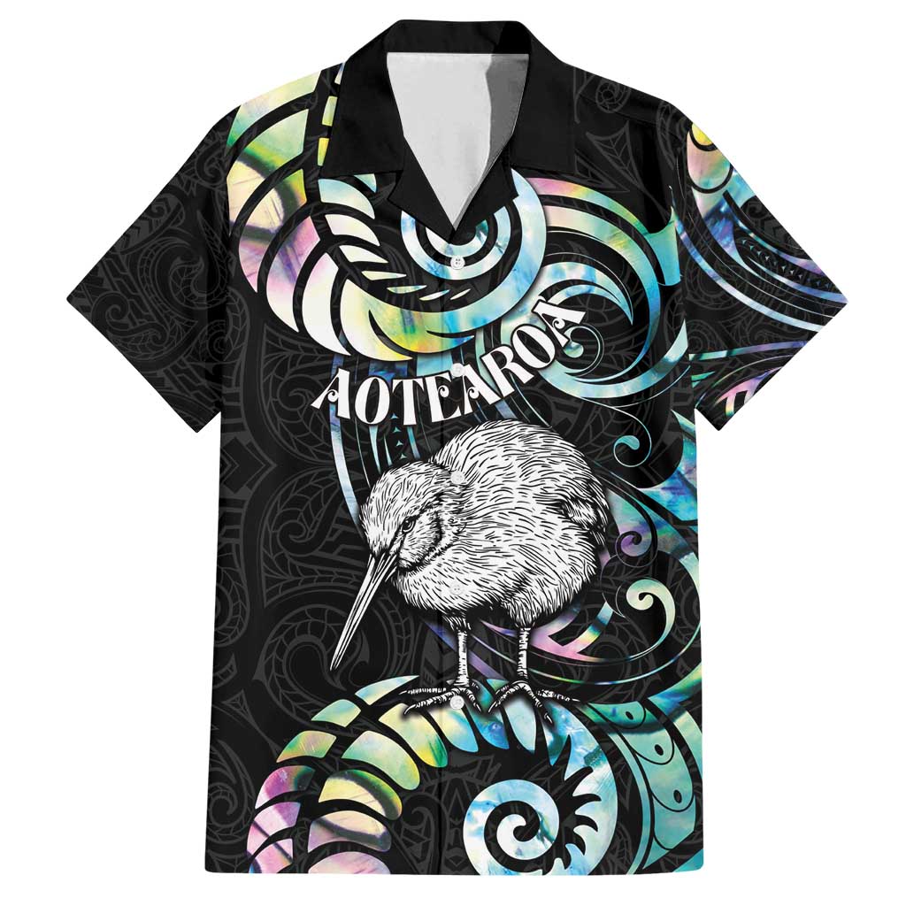 New Zealand Kiwi Bird Family Matching Off Shoulder Short Dress and Hawaiian Shirt Silver Fern Koru Paua Shell DT04 Dad's Shirt - Short Sleeve Black - Polynesian Pride