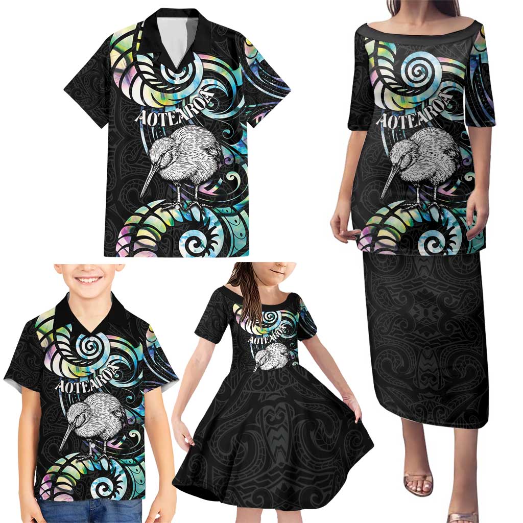 New Zealand Kiwi Bird Family Matching Puletasi and Hawaiian Shirt Silver Fern Koru Paua Shell DT04 - Polynesian Pride