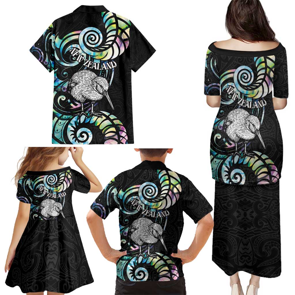 New Zealand Kiwi Bird Family Matching Puletasi and Hawaiian Shirt Silver Fern Koru Paua Shell DT04 - Polynesian Pride