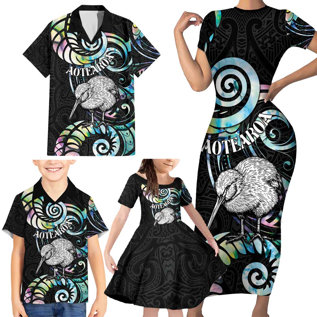 New Zealand Kiwi Bird Family Matching Short Sleeve Bodycon Dress and Hawaiian Shirt Silver Fern Koru Paua Shell DT04 - Polynesian Pride