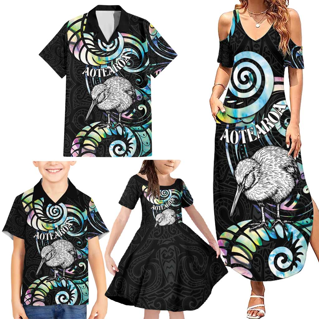 New Zealand Kiwi Bird Family Matching Summer Maxi Dress and Hawaiian Shirt Silver Fern Koru Paua Shell DT04 - Polynesian Pride