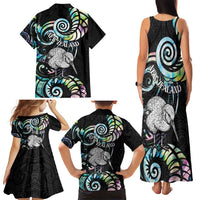 New Zealand Kiwi Bird Family Matching Tank Maxi Dress and Hawaiian Shirt Silver Fern Koru Paua Shell DT04 - Polynesian Pride
