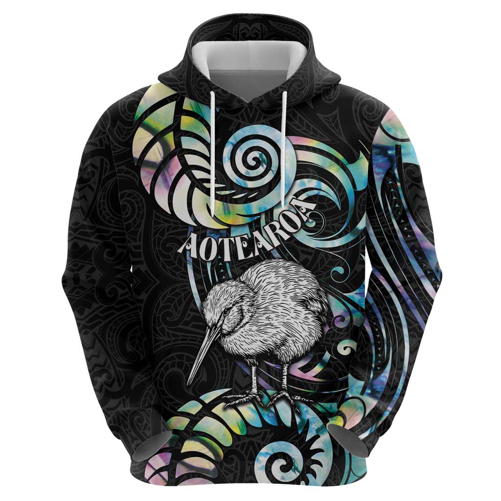 New Zealand Kiwi Bird Hoodie Silver Fern Koru Paua Shell