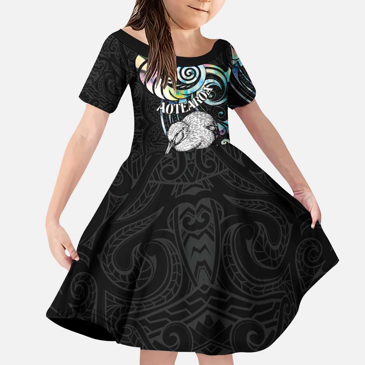 New Zealand Kiwi Bird Kid Short Sleeve Dress Silver Fern Koru Paua Shell DT04 KID Black - Polynesian Pride