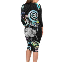 New Zealand Kiwi Bird Long Sleeve Bodycon Dress Silver Fern Koru Paua Shell DT04 - Polynesian Pride