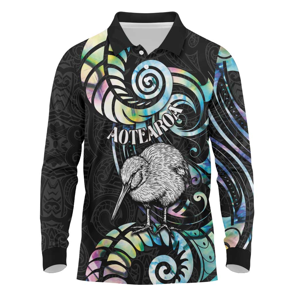 New Zealand Kiwi Bird Long Sleeve Polo Shirt Silver Fern Koru Paua Shell DT04 Black - Polynesian Pride