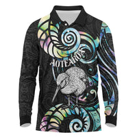 New Zealand Kiwi Bird Long Sleeve Polo Shirt Silver Fern Koru Paua Shell DT04 Black - Polynesian Pride