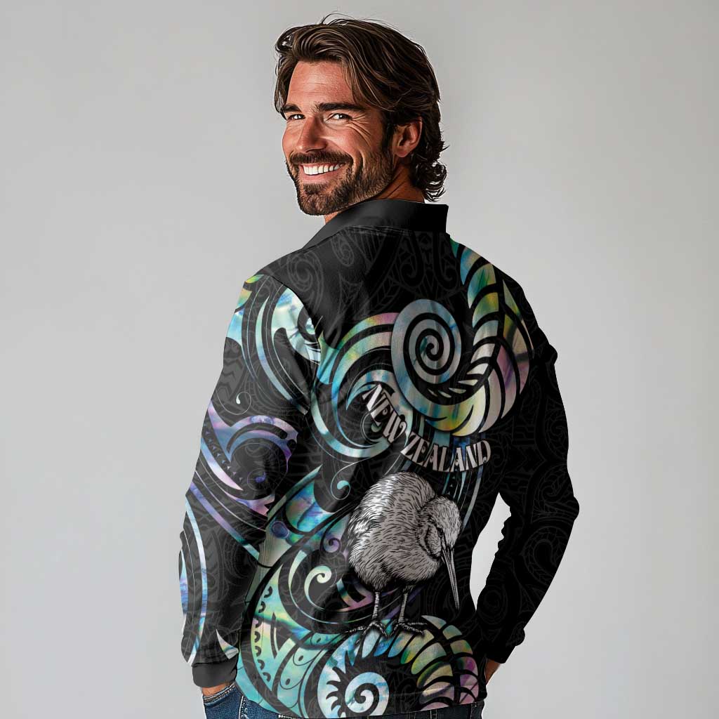 New Zealand Kiwi Bird Long Sleeve Polo Shirt Silver Fern Koru Paua Shell DT04 - Polynesian Pride