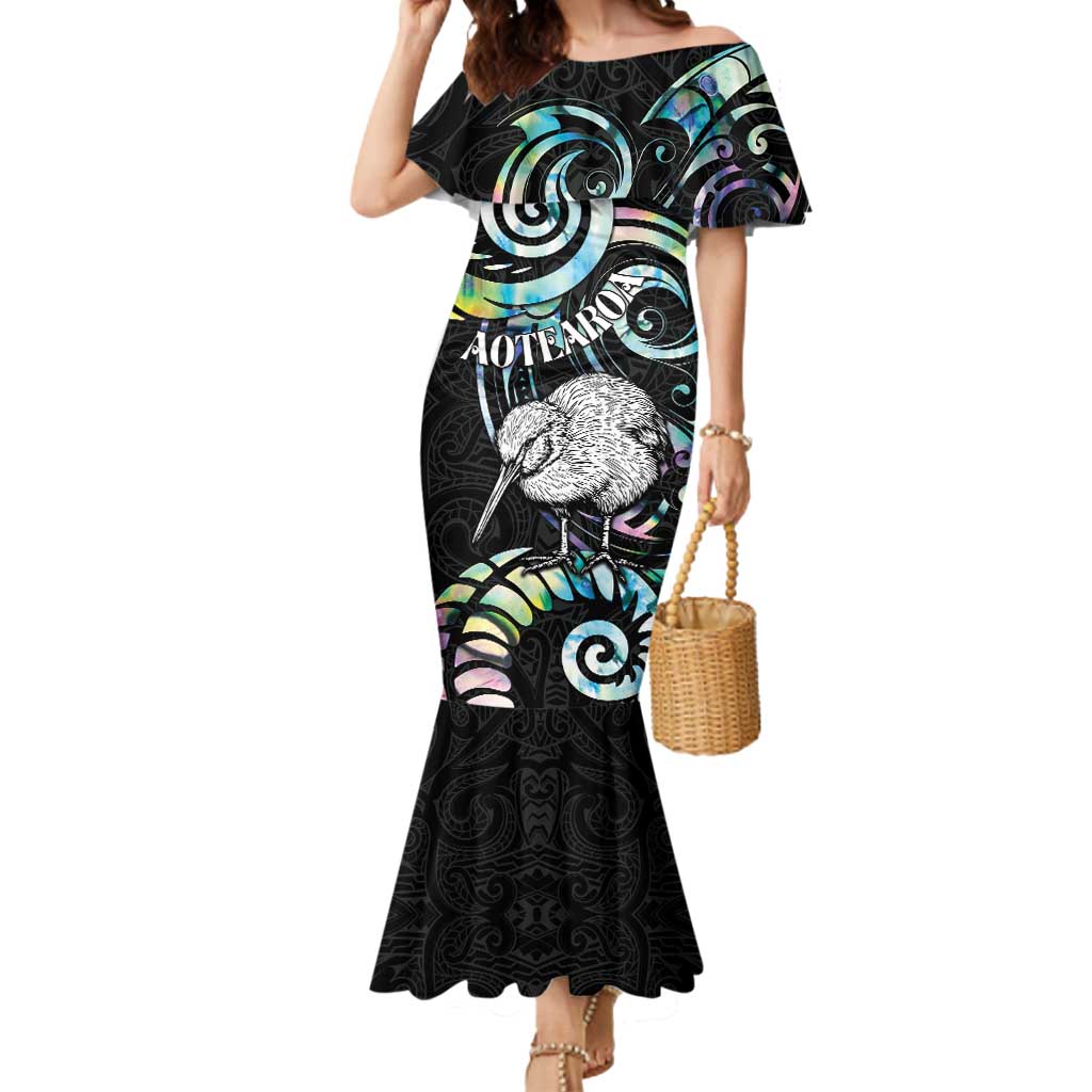 New Zealand Kiwi Bird Mermaid Dress Silver Fern Koru Paua Shell DT04 Women Black - Polynesian Pride