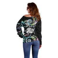 New Zealand Kiwi Bird Off Shoulder Sweater Silver Fern Koru Paua Shell