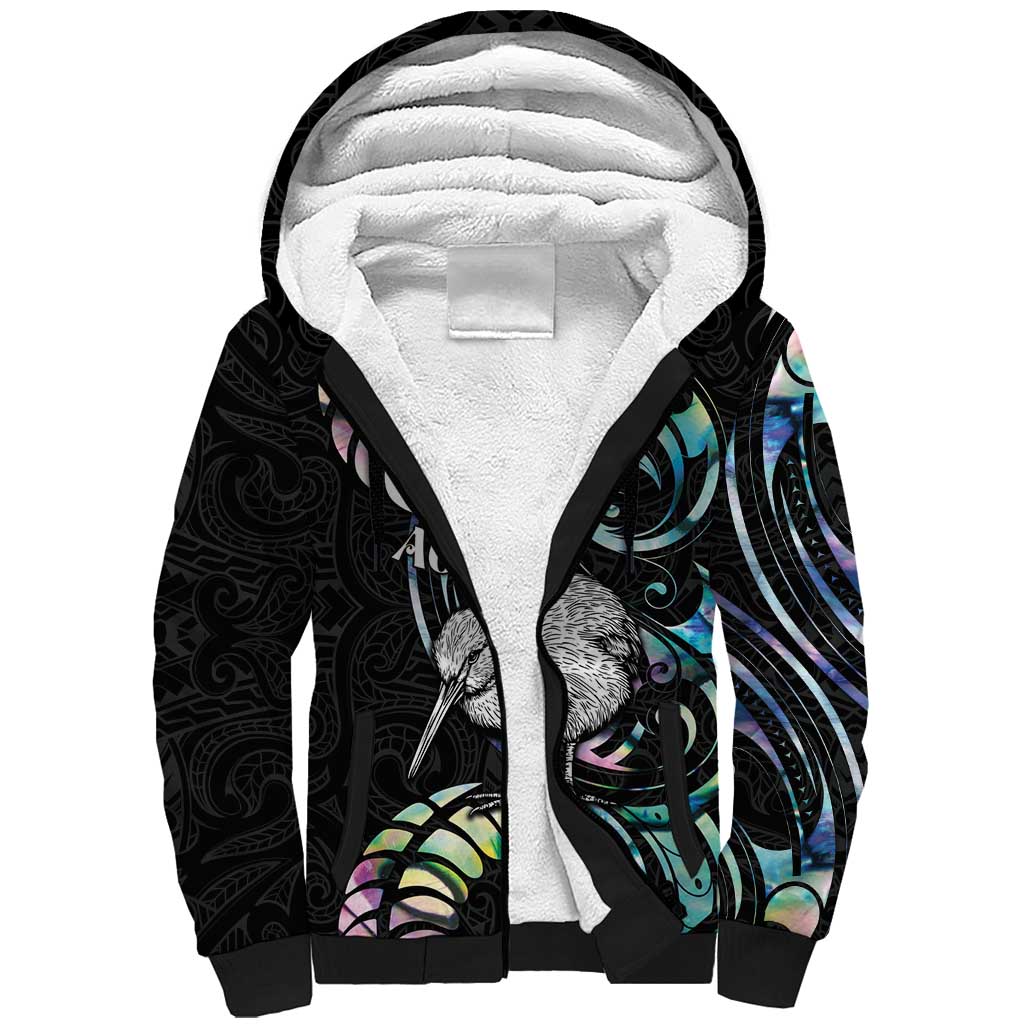 New Zealand Kiwi Bird Sherpa Hoodie Silver Fern Koru Paua Shell DT04 Unisex Black - Polynesian Pride