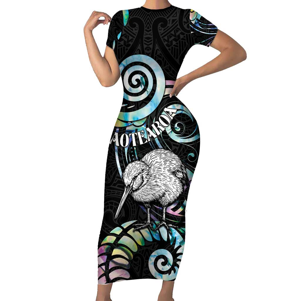New Zealand Kiwi Bird Short Sleeve Bodycon Dress Silver Fern Koru Paua Shell DT04 Long Dress Black - Polynesian Pride