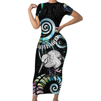 New Zealand Kiwi Bird Short Sleeve Bodycon Dress Silver Fern Koru Paua Shell DT04 Long Dress Black - Polynesian Pride